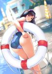  1girl ass brown_eyes brown_hair commentary d.va_(overwatch) dutch_angle lifebuoy long_hair looking_at_viewer looking_back overwatch phandit_thirathon signature smile solo swimsuit thighs 