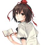  1girl breasts brown_eyes brown_hair from_side hat looking_at_viewer looking_to_the_side notebook puffy_short_sleeves puffy_sleeves quill rinarisa shameimaru_aya shirt short_hair short_sleeves small_breasts solo tokin_hat touhou upper_body white_background white_shirt 