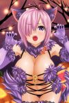  1girl animal_ears bare_shoulders blush breasts elbow_gloves fang fangs fate/grand_order fate/stay_night fate_(series) fur fur-trimmed_gloves fur-trimmed_legwear fur_trim gloves hair_over_one_eye halloween_costume kanki_(kibunhasaikou) large_breasts looking_at_viewer navel o-ring o-ring_top open_mouth purple_hair shielder_(fate/grand_order) short_hair solo sweat tail thigh-highs underwear violet_eyes 