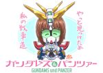  1girl brown_hair closed_eyes commentary_request girls_und_panzer gundam gundam_wing hands_on_own_chest mayohi_neko mecha mecha_musume mechanization nishizumi_miho parody school_uniform serafuku short_hair smile translation_request upper_body wing_gundam_zero 