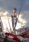  1girl artist_name ayanami_rei bandaged_arm bird blue_hair clouds cloudy_sky hair_over_one_eye in-hyuk_lee lipstick makeup neon_genesis_evangelion plugsuit realistic red_lipstick ruins short_hair signature sky sleeveless smoke solo 