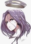  1girl :&lt; artist_name kantai_collection kuronuko_neero long_hair looking_at_viewer mechanical_halo purple_hair sketch solo tatsuta_(kantai_collection) violet_eyes white_background 