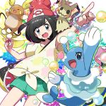  1girl alolan_grimer alolan_muk alolan_raichu bag bangs beanie black_hair blue_eyes blush_stickers bracelet brionne bubble female_protagonist_(pokemon_sm) handbag hat holding holding_poke_ball jewelry kingin looking_at_viewer mimikyu_(pokemon) open_mouth pointing poke_ball pokemon pokemon_(creature) pokemon_(game) pokemon_sm red_hat shirt short_hair short_shorts shorts swept_bangs t-shirt 