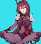  1girl armor blush breasts citron_82 fate/grand_order fate_(series) lance long_hair looking_at_viewer open_mouth polearm purple_hair red_eyes scathach_(fate/grand_order) sitting smile solo weapon 