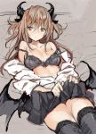  1girl bare_shoulders bat_wings bra breasts brown_eyes brown_hair cleavage horns lying on_back saitou_masatsugu skirt thigh-highs underwear wings 