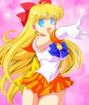  1girl aino_minako bishoujo_senshi_sailor_moon blonde_hair blue_eyes circlet cowboy_shot earrings foreshortening gloves hair_ribbon jewelry long_hair miniskirt open_mouth orange_skirt pirochi pleated_skirt pointing ribbon sailor_collar sailor_venus skirt smile solo sparkle very_long_hair white_gloves wide_hips 