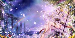  1girl barefoot breasts butterfly cleavage dress earrings flower hair_flower hair_ornament haruci highres holding jewelry long_hair medium_breasts night original outdoors petals red_eyes sideboob silver_hair sitting sky solo staff star_(sky) starry_sky tree white_dress yellow_flower 