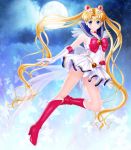  bishoujo_senshi_sailor_moon blonde_hair blue_eyes boots brooch butterfly circlet crescent crescent_earrings double_bun earrings elbow_gloves full_moon gloves hair_ornament high_heel_boots high_heels highres jewelry knee_boots long_hair miniskirt moon panties pantyshot pantyshot_(standing) ribbon sailor_collar sailor_moon skirt sky smile standing star_(sky) starry_sky super_sailor_moon tsukino_usagi twintails twkr_(suguro-m) underwear very_long_hair white_gloves 