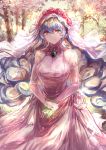  1girl bare_chest bare_shoulders blonde_hair blue_hair breasts bridal_veil brooch curly_hair dress earrings elbow_gloves flower forest gem gloves good_end green_eyes highres jewelry long_hair looking_at_viewer medium_breasts multicolored_hair nature nia_teppelin older ring signo_aaa solo tengen_toppa_gurren_lagann two-tone_hair veil very_long_hair wedding_dress wedding_ring 
