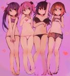  4girls absurdres akebono_(kantai_collection) black_hair blush bra breasts brown_eyes brown_hair commentary_request covering covering_crotch flat_chest full_body hair_bobbles hair_ornament highres kaamin_(mariarose753) kantai_collection large_breasts long_hair multiple_girls navel oboro_(kantai_collection) panties pink_eyes pink_hair purple_background purple_hair sazanami_(kantai_collection) short_hair side_ponytail sketch smile twintails underwear underwear_only ushio_(kantai_collection) 