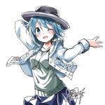  blue_hair hat jacket necklace one_eye_closed skirt wink 