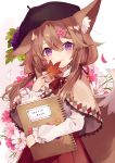  1girl :3 animal_ears beret brown_hair capelet floral_background flower food fox_ears fox_tail fruit gradient gradient_background grapes hair_between_eyes hair_flower hair_ornament hairclip haruka_(reborn) hat holding holding_leaf lace leaf long_hair long_sleeves looking_at_viewer low_twintails maple_leaf neck_ribbon original petals red_ribbon ribbon shirt sketchbook skirt smile solo tail twintails violet_eyes white_shirt 