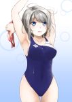  1girl arms_up blue_eyes blue_swimsuit competition_swimsuit goggles goggles_removed grey_hair hasui highres looking_up love_live! love_live!_sunshine!! one-piece_swimsuit open_mouth short_hair swimsuit watanabe_you 