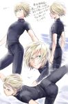  1boy artist_request blonde_hair green_eyes hair_over_one_eye ice_skating male_focus shirt skating solo t-shirt translation_request turtleneck yuri!!!_on_ice yuri_plisetsky 