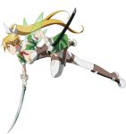  1girl blonde_hair braid breasts cleavage full_body gloves green_eyes highres holding holding_sword holding_weapon leafa official_art pointy_ears ponytail simple_background skirt solo sword sword_art_online thigh-highs twin_braids weapon white_background white_legwear 