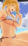  1girl angelica_(fate/kaleid_liner) blonde_hair blue_eyes blue_sky breasts clouds fate/kaleid_liner_prisma_illya fate/stay_night fate_(series) groin highres large_breasts long_hair navel open_mouth popsicle saliva sexually_suggestive sky solo swimsuit teeth twintails under_boob 