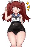  1girl :3 arm_behind_back covered_navel crop_top eyebrows eyebrows_visible_through_hair flat_chest hand_up kantai_collection one-piece_swimsuit plump red_eyes redhead ryuujou_(kantai_collection) school_swimsuit school_swimsuit_flap swimsuit swimsuit_under_clothes thick_thighs thighs twintails yukinojou_yakan 