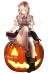  1girl bibiko black_boots boots breastplate brown_eyes cannoneer_(tree_of_savior) character_name closed_mouth full_body head_tilt jack-o&#039;-lantern long_hair looking_at_viewer shirt short_sleeves silver_hair sitting skirt skirt_hold smile solo sparkle thigh-highs transparent_background tree_of_savior white_legwear white_shirt 