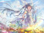  1girl avamone blue_eyes blue_hair clouds cloudy_sky dress eyebrows eyebrows_visible_through_hair from_below hair_ribbon hatsune_miku highres long_hair one_eye_closed outdoors ribbon skirt_hold sky solo sundress twintails very_long_hair vocaloid white_dress white_ribbon 