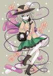  backpack bag bandages boots bow candy character_name flower green_eyes grey_hair hat hat_ribbon heart heart-shaped_pupils highres knife komeiji_koishi nagi_(nagito) phone ribbon symbol-shaped_pupils syringe third_eye touhou weapon 