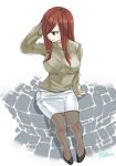  1girl blush erza_scarlet fairy_tail female long_hair mashima_hiro redhead sitting skirt smile solo white_background 