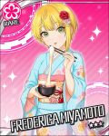  1girl artist_request blonde_hair card_(medium) character_name flower flower_(symbol) green_eyes hair_flower hair_ornament idolmaster idolmaster_cinderella_girls japanese_clothes kimono miyamoto_frederica official_art pink_background short_hair solo sparkle 