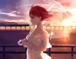  1girl backlighting bare_shoulders blurry_background breasts closed_mouth clouds cloudy_sky collarbone commentary_request evening expressionless floating_hair ground_vehicle holding holding_umbrella looking_to_the_side medium_breasts multicolored_sky ocean off_shoulder original outdoors profile railing rain recotasan red_eyes redhead reflection shirt sky solo sunlight train transparent_umbrella umbrella upper_body white_shirt wind 