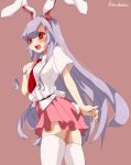  1girl animal_ears blush breasts bunny_tail carrot hand_on_own_chest koyashaka lavender_hair long_hair necktie open_mouth pleated_skirt purple_hair rabbit_ears red_eyes red_necktie reisen_udongein_inaba shirt skirt solo tail thigh-highs touhou very_long_hair white_legwear 