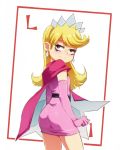    1girl ass blonde_hair blush brown_eyes dress earrings elbow_gloves gloves highres jcm2 jewelry lola_loud long_hair looking_at_viewer looking_back pink_cape pink_dress pink_gloves smile solo the_loud_house tiara 