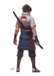  1boy artist_name black_hair bokken from_behind full_body in-hyuk_lee japanese_clothes male_focus naruto naruto_shippuuden realistic red_eyes sandals signature solo sword uchiha_sasuke weapon wooden_sword 