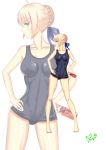  1girl absurdres ahoge blonde_hair coca-cola fate/stay_night fate_(series) hand_on_hips highres matcha_(9455428) saber school_swimsuit soda_can solo swimsuit white_background zoom_layer 