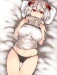  1girl ass_visible_through_thighs black_panties blush book breasts breasts_apart closed_mouth eyebrows eyebrows_visible_through_hair frown groin hair_between_eyes holding holding_book horns lying medium_breasts navel on_back original panties pillow red_eyes redrose214 shirt silver_hair solo thigh_gap underwear white_hair white_shirt 