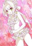  ahoge bikini_bottom cherry_blossoms cowboy_shot dutch_angle fate/extra fate_(series) floral_background flower_wreath green_eyes hair_ribbon hands_together head_wreath kettle21 limited_palette looking_at_viewer ribbon saber_bride saber_extra topless 
