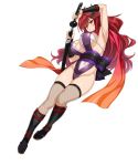  1girl armpits breasts full_body holding holding_sword holding_weapon kisaragi_setsuna kure_masahiro large_breasts long_hair navel obi official_art red_eyes redhead sash simple_background solo sword thigh-highs valkyrie_drive valkyrie_drive_-siren- weapon white_background 