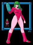  1girl alternate_costume arm_cannon boots breasts clenched_hand full_body green_hair green_lipstick highleg highleg_leotard kaigetsudo leotard lipstick long_hair long_legs makeup medium_breasts metroid pixelated red_eyes samus_aran solo standing thighs weapon 