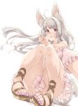  1girl ahoge animal_ears claw_pose commentary_request dress eyebrows eyebrows_visible_through_hair feet frilled_dress frills grey_hair highres knees_together_feet_apart long_hair looking_at_viewer no_panties open_mouth original red_eyes sandals self_shot short_sleeves sitting sitting_on_ground solo tail thomasz toenail_polish toes 