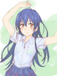  1girl blue_hair blush dated highres long_hair looking_at_viewer love_live! love_live!_school_idol_project school_uniform shirt signature simple_background sketch skirt smile solo sonoda_umi tanaka_yuuichi yellow_eyes 