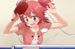  1girl ball blush commentary_request dog_print dripping hair_ribbon highres omaru_gyuunyuu open_mouth paddle red_eyes redhead ribbon shakunetsu_no_takkyuu_musume shirt short_hair short_twintails smile solo sweat sweat_stain sweating sweating_profusely table_tennis_ball table_tennis_paddle tsumujikaze_koyori twintails wet wet_clothes 