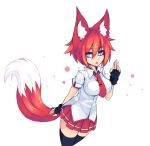  1girl animal_ears black_legwear blue_eyes breasts cowboy_shot fingerless_gloves fox_ears fox_tail gloves highres impossible_clothes impossible_shirt large_breasts looking_at_viewer necktie open_mouth original pleated_skirt red_necktie red_skirt redhead salute shirt short_hair simple_background skirt solo sub-res tail thigh-highs white_background white_shirt zettai_ryouiki 