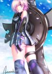  1girl armor artist_name ass breasts closed_mouth day fate/grand_order fate_(series) from_behind hair_over_one_eye looking_back medium_breasts outdoors purple_hair shield shielder_(fate/grand_order) short_hair signature smile solo standing thigh_strap violet_eyes wa-kun wind 