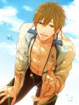  1boy brown_hair bubble clouds cloudy_sky dutch_angle free! green_eyes half-closed_eyes hand_on_own_thigh jacket lens_flare male_focus male_swimwear muscle open_clothes open_jacket open_mouth outstretched_hand pov shirtless sky smile swimwear tachibana_makoto 