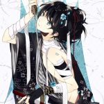  1boy adonis_belt bandages black_hair blue_eyes branch gloves holding holding_sword holding_weapon japanese_clothes kimono male_focus noda_(yncoon) partly_fingerless_gloves patterned_background ponytail sheath sword toudou_heisuke_(wasurenagusa) unsheathed upper_body wasurenagusa_(rejet) weapon 