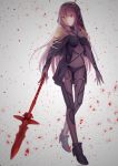  1girl absurdres bodysuit breasts fate/grand_order fate_(series) highres latte7 polearm purple_hair red_eyes scathach_(fate/grand_order) solo spear weapon weapon_request white_background 