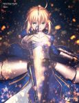  1girl ahoge armor artist_name avalon_(fate/stay_night) blonde_hair copyright_name fate/stay_night fate_(series) gauntlets green_eyes magicians_(zhkahogigzkh) saber short_hair solo sword weapon 