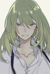  &gt;:d 1boy :d androgynous bangs beige_background blonde_hair blurry collarbone depth_of_field enkidu_(fate/strange_fake) fate/strange_fake fate_(series) green_eyes green_hair hair_between_eyes long_hair looking_at_viewer male_focus open_mouth portrait robe rururara shirt signature simple_background smile solo white_shirt 