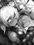  1girl bare_shoulders bread dark_skin eating elbow_gloves elf fingerless_gloves food gloves greyscale looking_to_the_side monochrome pointy_ears shaun_(fallenicons) short_hair skindentation solo teapot 