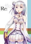  absurdres blush breasts cleavage copyright_name cowboy_shot detached_sleeves highres mou_(piooooon) open_mouth re:zero_kara_hajimeru_isekai_seikatsu thigh-highs thighs violet_eyes white_background white_hair zettai_ryouiki 