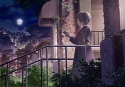  1girl brown_clothes brown_hair brown_skirt building buntooi city_lights fantasy full_moon hand_on_railing house looking_away moon night original plant railing scenery short_hair skirt solo stone_wall tagme tree wall 