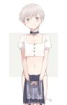  1girl 2016 androgynous blue_dress blue_eyes buttons choker closed_mouth collarbone cowboy_shot crop_top dated dress dress_removed eyebrows eyebrows_visible_through_hair flat_chest head_tilt iron_cross kantai_collection kawashina_(momen_silicon) looking_at_viewer navel panties puffy_short_sleeves puffy_sleeves short_sleeves silver_hair smile solo standing stomach tareme two-tone_background underwear white_panties z1_leberecht_maass_(kantai_collection) 