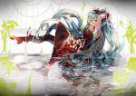  1girl 7th_dragon_(series) 7th_dragon_2020 aqua_hair arms_up character_name copyright_name cuy7 from_side hatsune_miku long_hair looking_at_viewer sitting skirt solo thigh-highs twintails very_long_hair vocaloid 